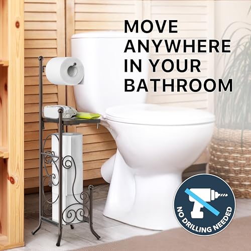 Simple Houseware English Style Toilet Paper Stand Holder w/Woodtop, Bronze | 4 Paper Rolls, 8.5" x 8.75" x 29.2" - color: Bronze, size: Wood Shelf - 29.2''H
