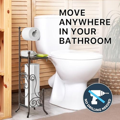 Simple Houseware English Style Toilet Paper Stand Holder w/Woodtop, Bronze | 4 Paper Rolls, 8.5" x 8.75" x 29.2" - color: Bronze, size: Wood Shelf - 29.2''H
