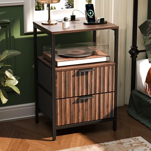 VINGLI Walnut Nightstand with Charging Station and Fabric Drawers, Fluted Nightstand with Drawers, Bedside Table/End Table with Charger Station, Side Table Bedroom, Small Night Stand Dark Walnut - color: Walnut, size: 15"W-2 Drawer 1 Shelf