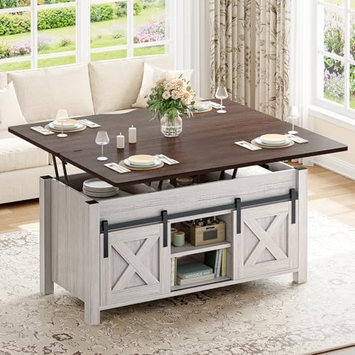 SEDETA Farmhouse Lift Top Coffee Table with Storage and Hidden Compartment | 4 in 1 Multi-Function Convertible Coffee Tables Converts to Dining Table for Small Living Room, Vintage White - color: Vintage White, size: 39.3"D x 39.3"W