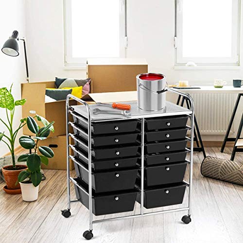 Moccha 12-Drawer Rolling Storage Cart - Utility Cart on Wheels with Lockable Casters for Craft Art Supply Paper Salon, Mobile Drawer Carts for Classroom Teacher School Office - color: Black, style: 12 Drawers
