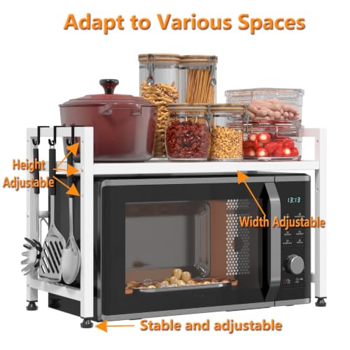 Extendable Microwave Oven Stand, Adjustable Microwave Rack Toaster Shelf, Heavy Duty Rack 2 Tier Kitchen Counter Top Organizer with 7 Hooks for Kitchen - color: White
