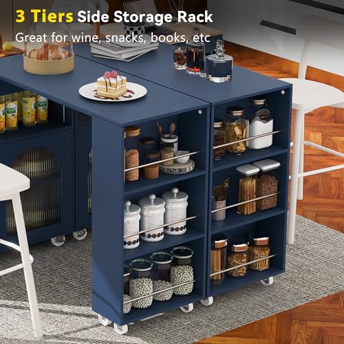 Rolling Kitchen Island with Extendable Swivel Table and Power Outlet, Kitchen Island on Wheels with Storage Cabinet, Fluted Glass Doors and Open Shelves for Small Spaces, Navy Blue - color: Navy Blue