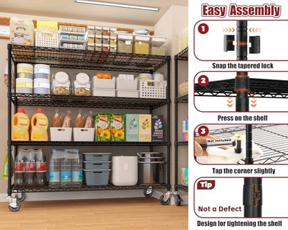 PrimeZone 55.5" W x 24" D x 80" H Heavy Duty Wire Storage Shelves with Wheels, 4 Tier Adjustable NSF Commercial Garage Shelving Unit, Rolling Metal Organizer Shelf Rack for Warehouse, Pantry, Black - size: 55.5"W x 24"D x 80"H