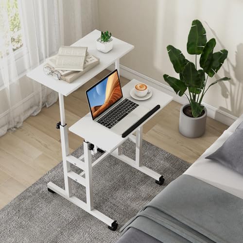 Tangkula Mobile Standing Desk, Height-Adjustable Laptop Podium Cart with Tilting Tabletop & Adjustable Angle, Rolling Stand Up Computer Desk with 2 Hanging Hooks & Lockable Casters for Home Office - color: White