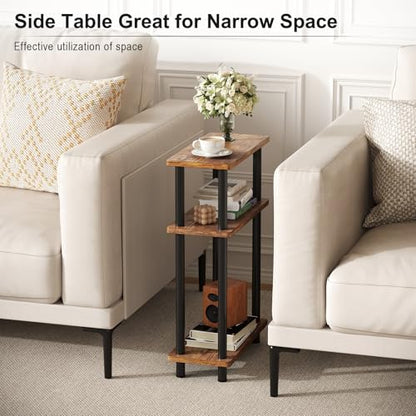 Apicizon Small Narrow Side Table, 3-Tier Skinny End Table for Small Spaces, Slim Nightstand with Storage Shelf, Bedside Table for Living Room, Bedroom, Rustic Brown and Black - color: Rustic Brown and Black, style: Narrow Side Table