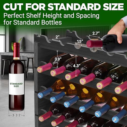 NutriChef 72 Bottle Wine Rack Stackable Bamboo Freestanding, 8-Tier Modular Shelf, Sturdy Wobble Free, Upgraded 2026 Design, Easy No-Tool Assembly for Kitchen, Cellar or Bar 33.5" x 10" x 41" (Black) - size: 72 Bottle - Black