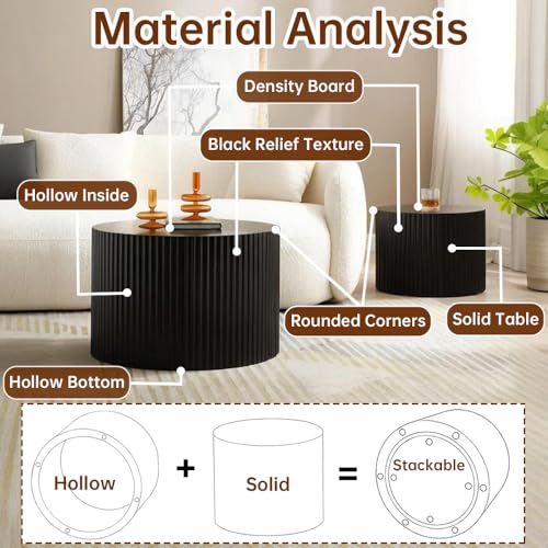 Round Nesting Coffee Table Set of 2 Modern Black Fluted Coffee Table Small Round End Table Side Table Circular Coffee Tables Circle Nested Coffee Tables for Living Room (Black Small) - color: Black Small