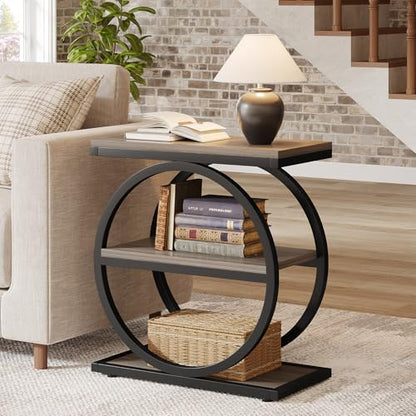 Tribesigns End Table, Narrow End Table with 3 Storage Shelves, Wood Side Table with Black Metal Frames, Industrial Small Sofa Side Table for Living Room, Grey Nightstand and Bedside Table for Bedroom - color: Grey and Black