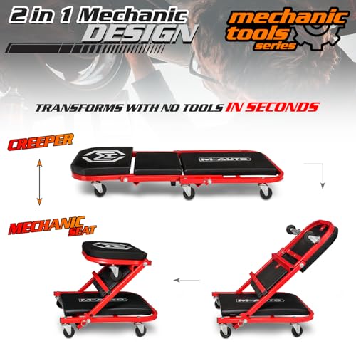 M-AUTO Foldable Z Creeper 2-in-1 Rolling Folding Car Creeper & Seat, 36" Adjustable Roller Garage Chair Lay Down or Sit, 330LBS Capacity Under Car Roller Creeper with 6 Swivel Casters, Red - color: Red, size: 36"