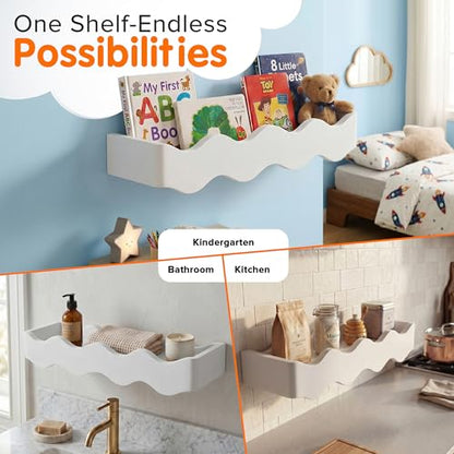 Ovalo Nursery Book Shelves Set of 2 - Solid Pine Wood Nursery Bookshelf, Floating Nursery Shelves for Wall, Wall Bookshelf for Kids Room, No-Assembly Wall Mounted Baby Book Shelf. (White) - color: White