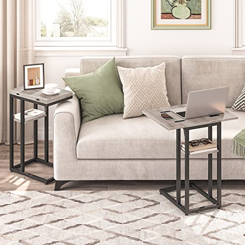 HOOBRO Foldable C Shaped End Table, C Shaped Side Table with Storage Shelf, Small Snack Table, Slide Under Couch Table for Sofa, Living Room Bedroom Small Spaces Easy Assembly, Greige BG29SF01 - color: Greige + Black