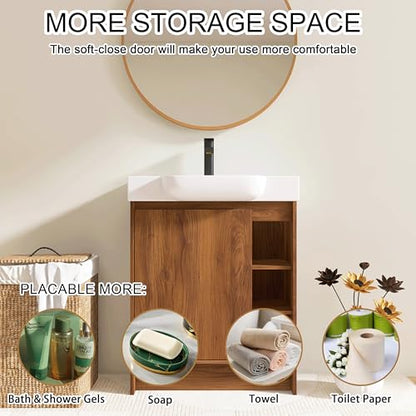 28" Freestanding Bathroom Vanity with Sink, 28 Inch Floor Stand Vanity for Small Bathrooms, Soft-Close Door Cabinet with White Ceramic Basin & Waterproof Plywood, Brown