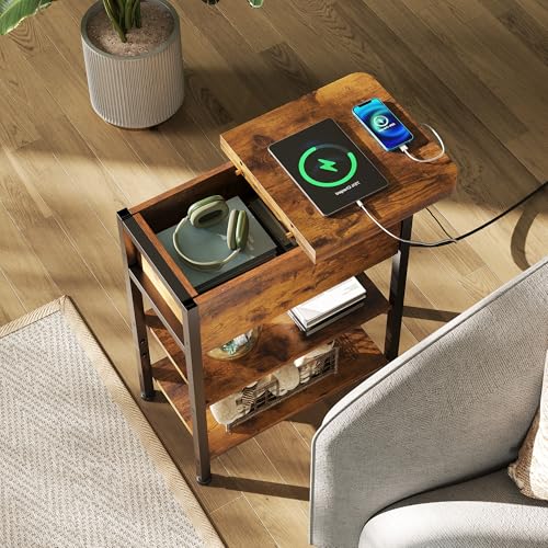 WLIVE 3-Tier End Table with Charging Station, Flip Top Narrow Side Table with Storage Shelf, Small Nightstand with USB Ports and Outlets,Bedside Table for Living Room, Bedroom - color: Rustic Brown