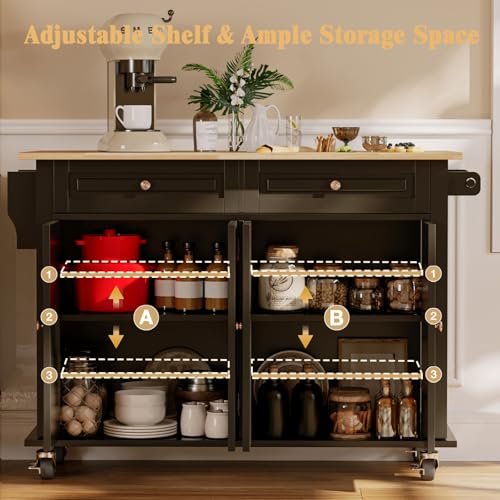 Kitchen Island with Drop Leaf, Rolling Mobile Kitchen Island on Wheels with Drawer and Storage Cabinet, Spice Rack, Towel Bar, Black - size: 51.2" W, style: Black