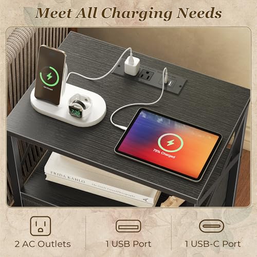 Huuger Nightstands Set of 2, Night Stand with Charger Station, 2 Drawer Side Table with Open Shelf, USB-C Port, End Table for Small Spaces, X Shaped Side Rail, Black - color: Black