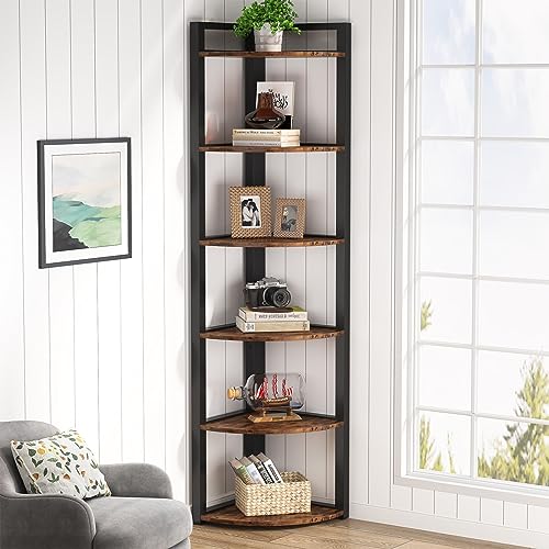 Tribesigns 6 Tier Corner Shelf, 70.9 Inch Tall Corner Bookshelf Small Bookcase Rustic Corner Shelving Unit Storage Rack for Living Room, Home Office, Kitchen, Small Space - color: Brown, size: 6-Tier