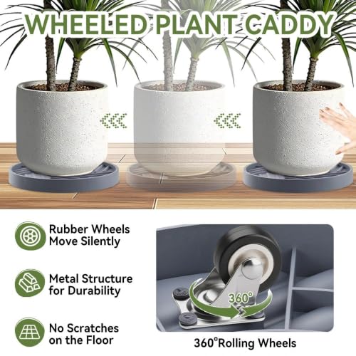 1 Pcs Plant Caddy with Hidden Wheels 14.76 Inch Heavy Duty Rolling Plant Stand, Indoor Outdoor Plant Saucer Tray with $9.9 Garden Tools (Gray) - size: 14.76 Inches (Gray)