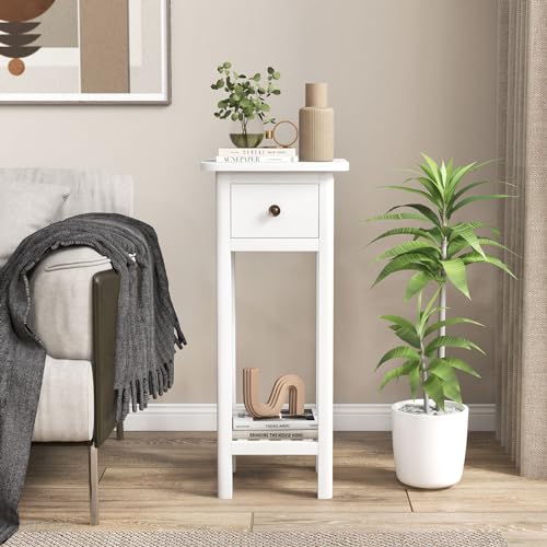Giantex Narrow End Table with Drawer, Tall Acacia Wood Side Table with Bottom Shelf, Modern Bedside Tables, 2-Tier Nightstand for Small Spaces Bedroom Living Room, No Assemble Required, White - color: White