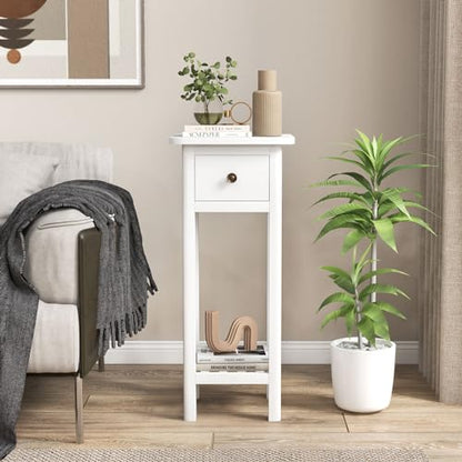 Giantex Narrow End Table with Drawer, Tall Acacia Wood Side Table with Bottom Shelf, Modern Bedside Tables, 2-Tier Nightstand for Small Spaces Bedroom Living Room, No Assemble Required, White - color: White