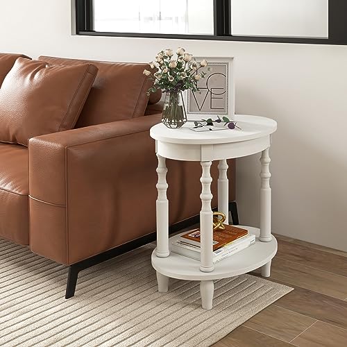 Giantex Oval End Tables Set of 2, 2-Tier Side Tables with Storage Shelf & Solid Wood Legs, Modern Living Room Accent Table, Wood Nightstand for Bedroom, Small Space, 20.5"L x 15.5"D x 24.5"H, White - color: White