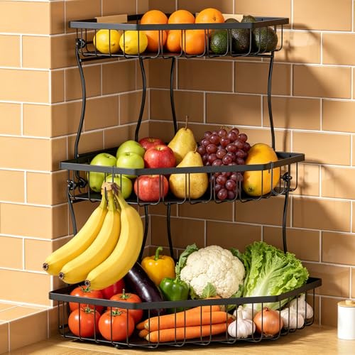 3 Tier Fruit Basket for Kitchen Counter with 2 Banana Hangers for Corner | Detachable Metal Fruit Bowl with Wooden Handle, Large Capacity Fruit Stand for Bread Fruit and Vegetable Storage-Black - color: Black, size: 3 Tier Standard