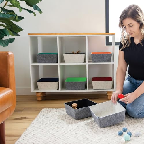 Three by Three Seattle Tapered Felt Storage Bins 2-Pack 9x9 Charcoal/Green | Recycled felt tapered bins; soft non-scratch; 5"x5" fits most drawers; organize desk, office, bathroom, bedroom & entryway - color: Charcoal/Green