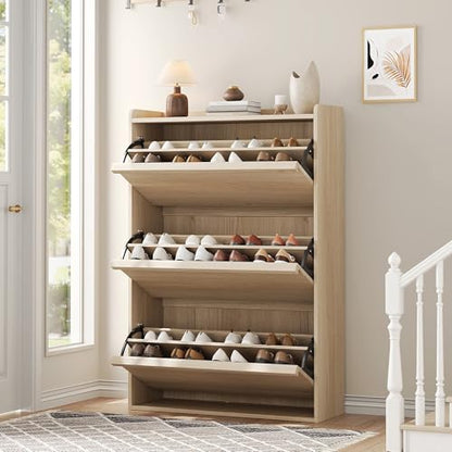 Garvee Shoe Cabinet with 3 Flip Drawers, Hidden Wood Shoe Cabinet,Freestanding Shoe Storage Cabinet with Adjustable Shelf for Entryway Hallwa, Living Room, Living Room, Natural Oak - color: Natural Oak