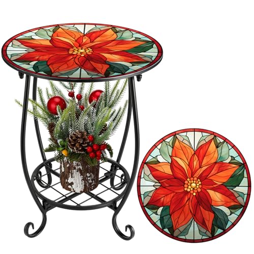 Cinnvoice Outdoor Side Table Round Small Mosaic Patio Accent Indoor End Plant Coffee Tea Table for Yard Patio Porch Garden Living Room, Bedroom(Poinsettia,14 Inch) - size: 14 Inch, style: Poinsettia