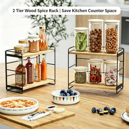 SRIWATANA 2 Pack Bathroom Counter Organizer, 2 Tier Countertop Organizers, Kitchen Counter Shelf Spice Rack Countertop Storage Wood Shelf - Carbonized Black
