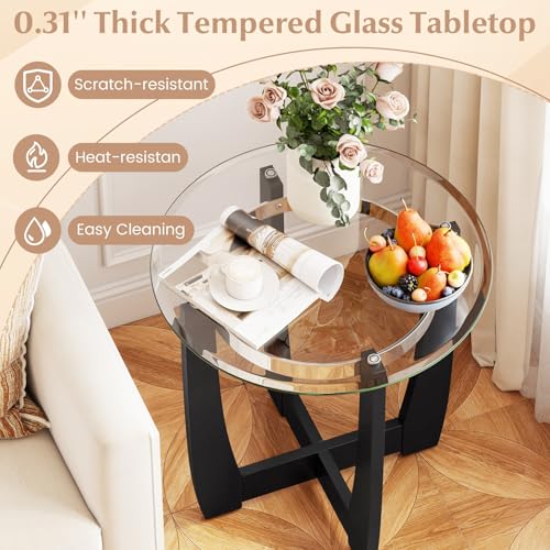 Giantex Round Glass End Table Set of 2, 24’’ Side Table with Tempered Glass Top, Nightstands with Cross & Solid Rubber Wood Base, Compact Bedside Night Stand for Bedroom Office Living Room (2, Black) - color: Black