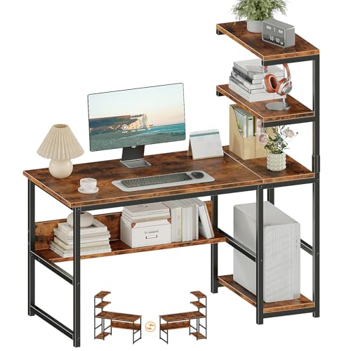 ALISENED 43" Computer Desk with Bookshelf & Storage Shelves, Brown | Home Office Desk with 4-Tier Open Shelves, Modern Writing Desk, Easy Clean Workstation for Study, Gaming, Bedroom - color: Brown