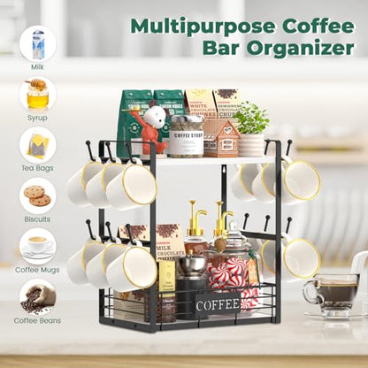 EsLuker.ly Coffee Mug Cup Holder Tree Bar Station Organizer, 2 Tier Mug Stand Rack for Countertop Kitchen, Storage Tower Display Shelf with 12 Hooks, Coffee Nook Enhancer, White-Black - color: White + Black