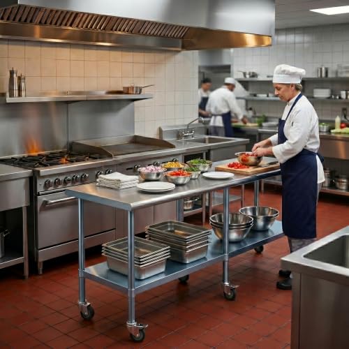 AmGood 84" Long x 24" Deep Stainless Steel Table with Casters - size: 84" Long x 24" Deep
