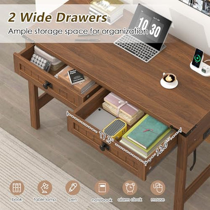 YOMILUVE Farmhouse Computer Desk with 2 Drawers, 39 Inch Small Office Computer Desk with Power Outlets, Compact Writing Study Vanity Desk for Small Spaces, Brown - color: Brown