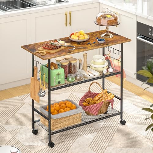 Kitchen Island with 3 Shelves, Rolling Kitchen Cart with 6 Hooks and Protective Shelf, Microwave Stand on Lockable Wheels, Bakers Rack Coffee Bar for Dining, Living Room, Outdoor, Metal Frame - color: Brown, size: Standard without Power Outlet