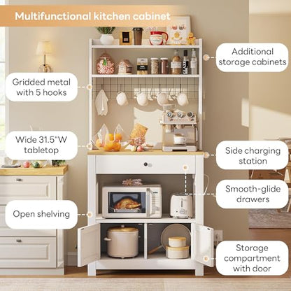 LIKIMIO Baker Rack with Spill-Safe Power Outlet & Drawer, White | Coffee Bar Cabinet with Storage, Farmhouse Microwave Stand with Hutch and 5 Hooks for Kitchen - color: White