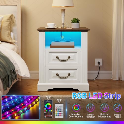 RALGEND Farmhouse Nightstand with Charging Station, Night Stand with 2 Drawers, End Tables Living Room, LED Bed Side Table with Open Shelf, End Table for Bedroom, Living Room, White and Walnut - color: White and Walnut