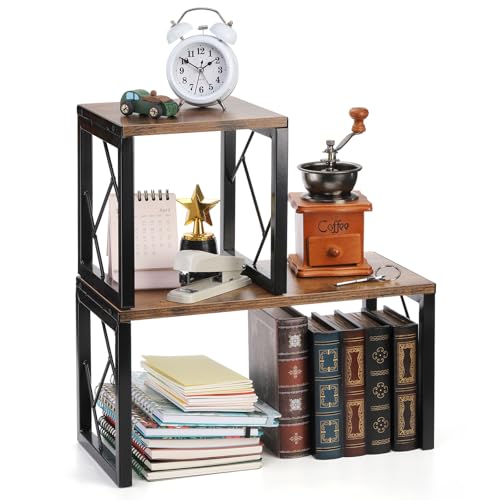 TOPZEA Desktop Shelf, Rustic Wood Small Freestanding Bookshelf Organizer Vintage Desk Shelving Stand, 2 Tier Stackable Office Storage Open Rack Hutch Kitchen Counter Display Shelves, Upgrade