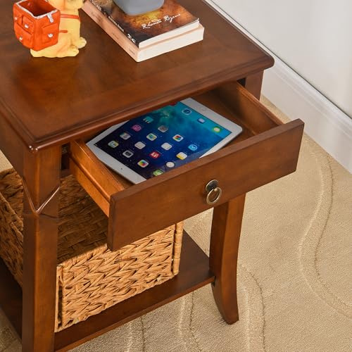 27.6" High End Table with Drawer and Storage Shelf, Solid Wood Side Table, Traditional Sofa BesideTables, Narrow Telephone Tables for Living Room,Small Space No-Tools Assembly, Cherry Brown GBJDR200 - color: Cherry Brown
