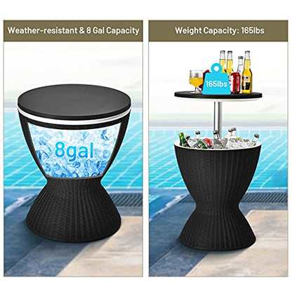 Tangkula Outdoor Cooler Table, Multi-Functional Cooler Bar Table, Adjustable Height Ice Cooler Side Table w/Drain Plug, 8 Gallon Beer & Wine Cooler, Rattan Style Patio Furniture for Pool Parties - color: Black