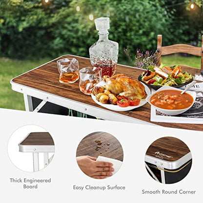COSTWAY Folding Picnic Table, Portable Camping Table with Carry Bag, Lightweight Aluminum Food Prep Station with 2 Shelves, Quick Set-up, BBQ, Party, Backyard - color: Brown, size: 43.5"W x 34.5"H