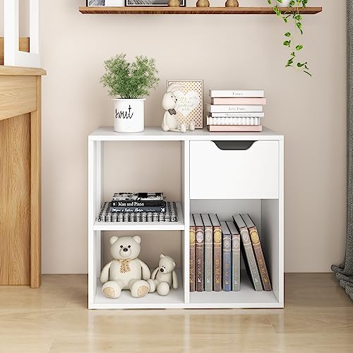 Giantex 3 Cube Bookcase with Drawer, 2 Tier Bookshelf for Small Space, Modern Freestanding Display Rack with Open Shelves, White Book Case, Wood Cube Storage Organizer Bedroom Living Room, 2 Pack - color: White