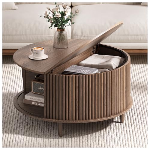 Round Coffee Table with Storage, 31.5" Mid Century Modern Coffee Table with Sliding Door & Solid Wood Legs, Minimalist Fluted Center Table for Living Room, Home Small Space, Walnut - color: Walnut, size: Round