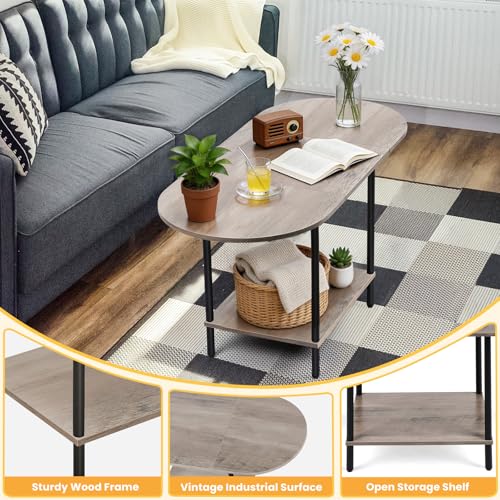 Small Coffee Table,35.4'' Oval Coffee Table with Storage Shelf & Metal Frame,Low Cocktail Tea Accent Table for Apartment,Modern Mid Century Small Living Room Table,Rustic Grey - color: Grey