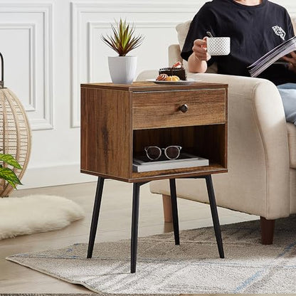 VECELO Nightstands Set of 2, Mid Century Modern End Bedside Table, Night Stand with Storage Drawer and 2 Tiers Open Shelf for Small Place, Bedroom, Living Room, Easy Assembly, Brown - color: Brown