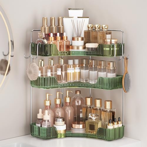 3-Tier Green Corner Organizer, PET Counter Storage with Hooks | Multi-Surface Organizer for Bathroom Vanity & Kitchen Countertop - color: Green, size: 3 Tier