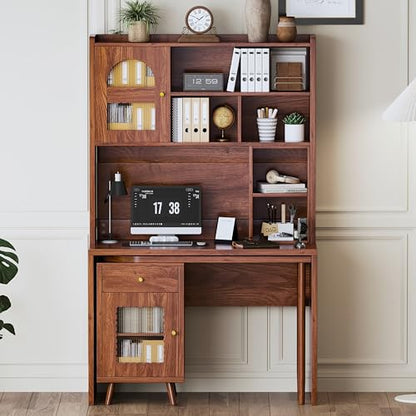Wooden Computer Gaming Desk with 90 Degree Rotating Desktop, Study Writing Desk with Open Shelves, Storage Drawer and Cabinets, Work Desk for Home Office Bedroom Living Room (Walnut-03) - color: Walnut-03