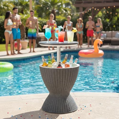 Tangkula Outdoor Cooler Table, Multi-Functional Cooler Bar Table, Adjustable Height Ice Cooler Side Table w/Drain Plug, 8 Gallon Beer & Wine Cooler, Rattan Style Patio Furniture for Pool Parties - color: Grey
