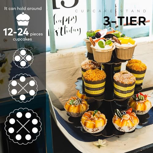 Black Cupcake Stand, 3-Tier Cardboard Dessert Display Tower, Perfect Size for Small Parties Birthday Wedding Baby Shower, Easy Assembly (1-Pack) ﻿ - color: Black 1 Pack